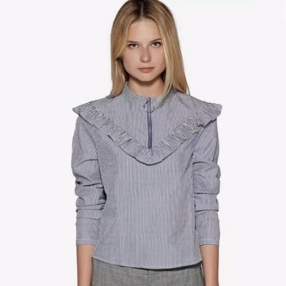 Avec Les Filles Ringo Stripe Ruffle Bib Blouse Size Medium Preppy 100% Cotton